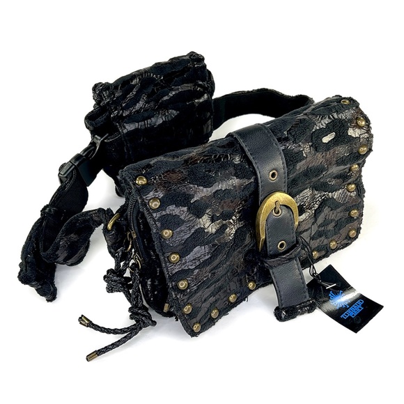 Tornado Mart Vintage Black Stamped Faux Fur/Leather Double Fanny Pack from Japan - Picture 2 of 7
